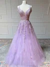 A-line Off-the-shoulder Tulle Glitter Sweep Train Prom Dresses With Appliques Lace #UKM020114002