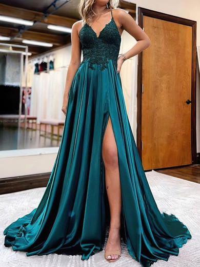 Sheath/Column Sweep Train V-neck Tulle Split Front Prom Dresses #UKM020114014