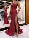 Sheath/Column One Shoulder Sparkly Sequin Cut Out Prom Dresses #UKM020114019