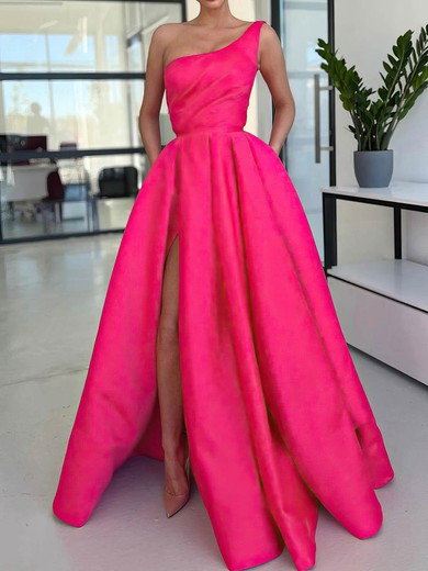 Ball Gown One Shoulder Satin Sweep Train Prom Dresses With Pockets #UKM020114030