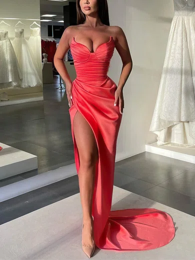 Sheath/Column V-neck Satin Sweep Train Evening Dresses With Split Front PT020114031