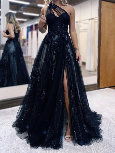 Ball Gown/Princess Sweep Train One Shoulder Tulle Glitter Flower(s) Prom Dresses #UKM020114032