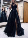 A-line One Shoulder Tulle Glitter Sweep Train Prom Dresses With Flower(s) #UKM020114032