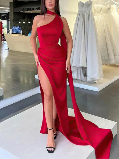 Sheath/Column High Neck Satin Sweep Train Evening Dresses With Split Front PT020114040