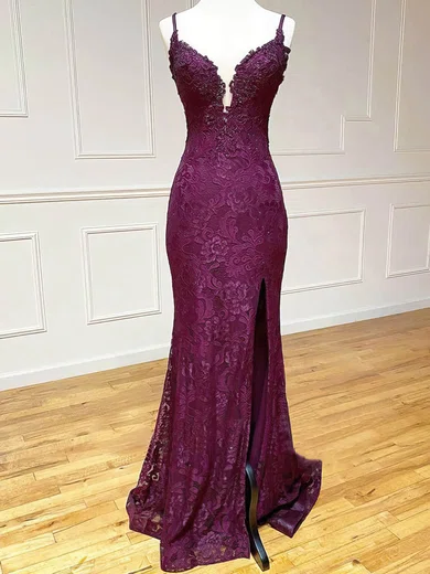 Mermaid V-neck Lace Prom Dresses With Beading #UKM020114054