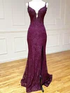 Sheath/Column V-neck Lace Sweep Train Prom Dresses With Split Front #UKM020114054