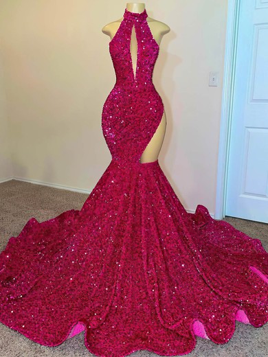 Mermaid High Neck Cut Out Sparkly Sequin Prom Dresses #UKM020114064