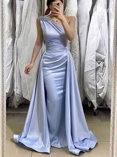 Sheath/Column One Shoulder Satin Sweep Train Prom Dresses With Ruffles #UKM020114069