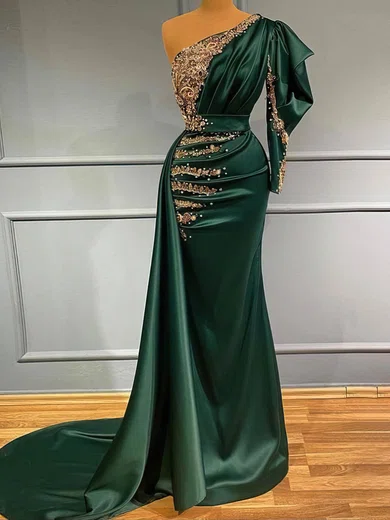 Sheath/Column One Shoulder Satin Prom Dresses With Appliques #UKM020114070