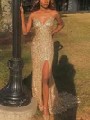 Sheath/Column V-neck Sequined Sweep Train Prom Dresses With Split Front #UKM020114074
