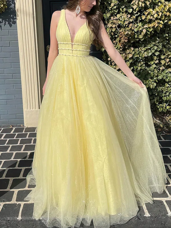 Ball Gown/Princess Sweep Train V-neck Glitter Beading Prom Dresses #UKM020114076