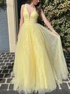 A-line V-neck Glitter Sweep Train Prom Dresses With Sashes / Ribbons #UKM020114076