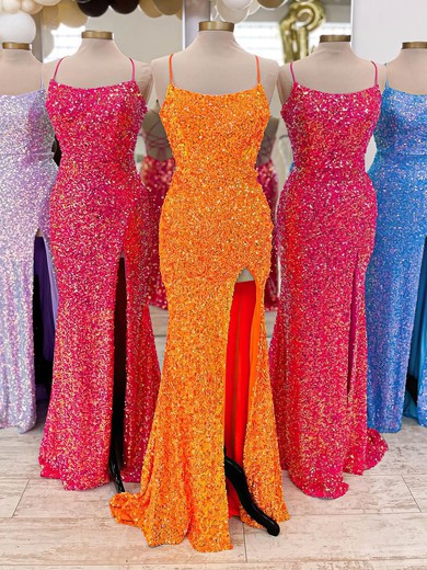 Sheath/Column Scoop Neck Sequined Sweep Train Prom Dresses With Split Front #UKM020114081