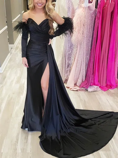 Sheath/Column V-neck Silk-like Satin Sweep Train Prom Dresses With Feathers / Fur #UKM020114084