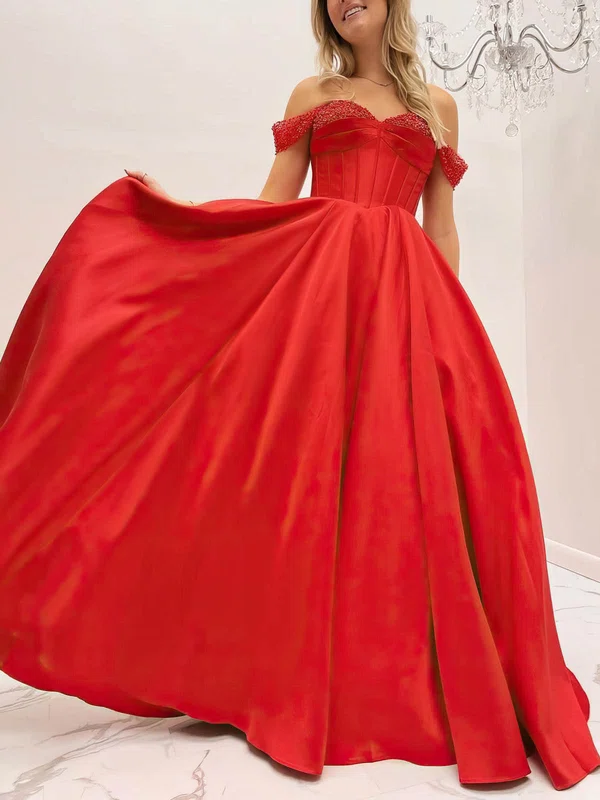 Ball Gown Off-the-shoulder Satin Sweep Train Prom Dresses With Beading #UKM020114085