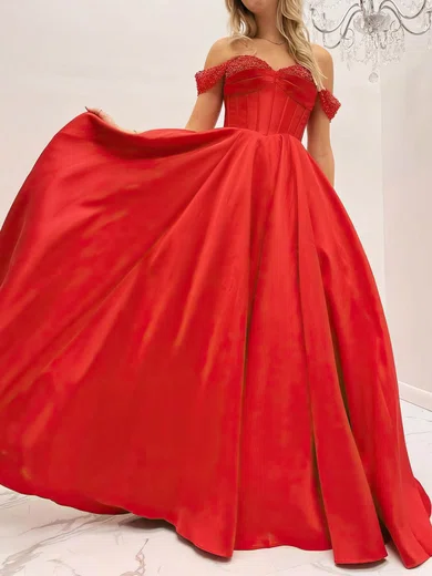 Ball Gown Off-the-shoulder Satin Sweep Train Prom Dresses With Beading #UKM020114085