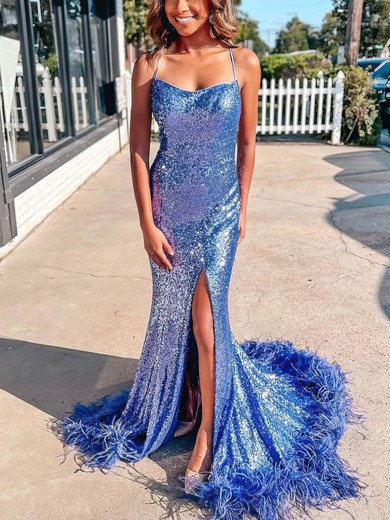 Trumpet/Mermaid V-neck Sequined Sweep Train Prom Dresses With Feathers / Fur #UKM020114090