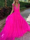 Princess V-neck Tulle Sweep Train Prom Dresses With Beading #UKM020114093