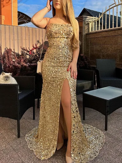 Sheath/Column Strapless Sequined Sweep Train Prom Dresses With Split Front #UKM020114096