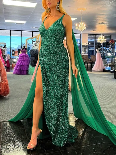 Sheath/Column V-neck Chiffon Sequined Sweep Train Prom Dresses With Split Front #UKM020114110
