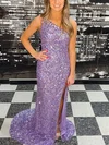 Sheath/Column One Shoulder Sequined Sweep Train Prom Dresses With Split Front #UKM020114117