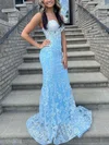 Trumpet/Mermaid Sweetheart Tulle Sweep Train Prom Dresses With Appliques Lace #UKM020114121
