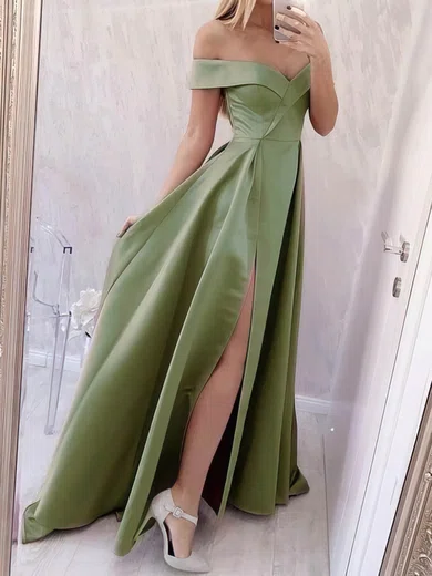 A-line Off-the-shoulder Silk-like Satin Sweep Train Prom Dresses With Split Front #UKM020114122