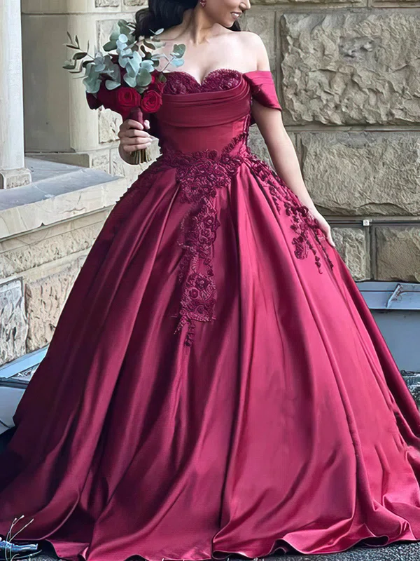 Ball Gown Off-the-shoulder Satin Sweep Train Prom Dresses With Appliques Lace #UKM020114133