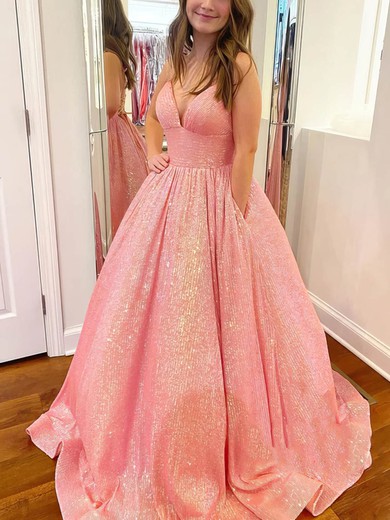 Ball Gown/Princess V-neck Sequined Sweep Train Prom Dresses With Pockets #UKM020114136