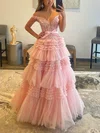 A-line Off-the-shoulder Tulle Glitter Sweep Train Prom Dresses With Appliques Lace #UKM020114137