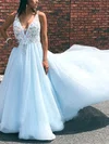 A-line V-neck Tulle Sweep Train Prom Dresses With Appliques Lace #UKM020114138