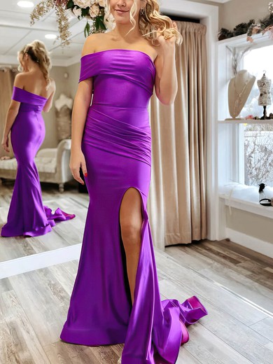 Sheath/Column Off-the-shoulder Jersey Sweep Train Prom Dresses With Split Front #UKM020114149