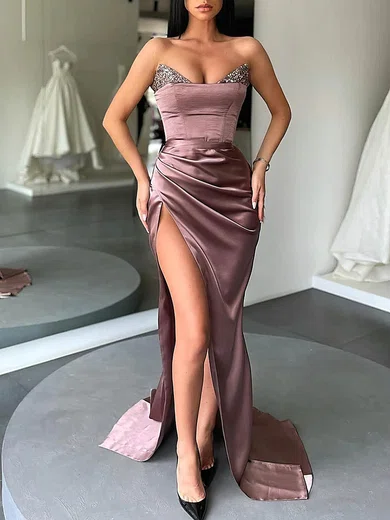 Sheath/Column Strapless Satin Prom Dresses With Beading #UKM020114156