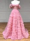 Princess Off-the-shoulder Tulle Sweep Train Prom Dresses With Feathers / Fur #UKM020114161