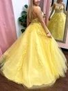 Ball Gown V-neck Tulle Sweep Train Prom Dresses With Appliques Lace #UKM020114168