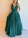 A-line V-neck Sequined Sweep Train Prom Dresses With Sashes / Ribbons #UKM020114169