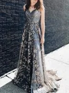 A-line V-neck Lace Sweep Train Prom Dresses With Sashes / Ribbons #UKM020114176