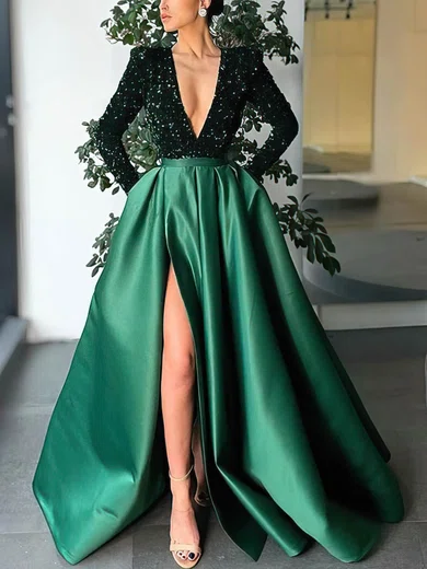 Ball Gown V-neck Sparkly Sequin Satin Prom Dresses With Long Sleeves #UKM020114179