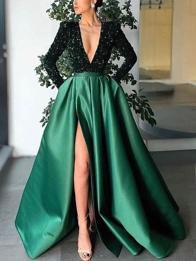 Ball Gown V-neck Satin Sequined Sweep Train Prom Dresses With Split Front #UKM020114179
