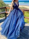 Ball Gown V-neck Tulle Floor-length Prom Dresses With Appliques Lace #UKM020114185