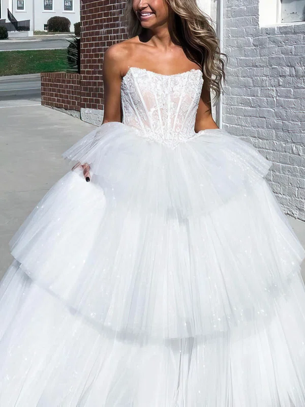 Ball Gown Strapless Tulle Glitter Floor-length Prom Dresses With Appliques Lace #UKM020114187
