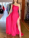 A-line One Shoulder Silk-like Satin Sweep Train Prom Dresses With Split Front #UKM020114190