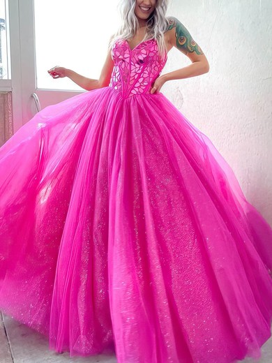 Ball Gown V-neck Organza Glitter Sweep Train Prom Dresses With Beading #UKM020114191