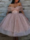 Ball Gown Off-the-shoulder Organza Glitter Tea-length Prom Dresses #UKM020114208