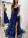 A-line V-neck Tulle Sweep Train Prom Dresses With Appliques Lace #UKM020114211