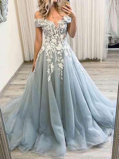 Ball Gown/Princess Sweep Train Off-the-shoulder Tulle Appliques Lace Prom Dresses #UKM020114213