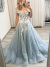 Ball Gown/Princess Sweep Train Off-the-shoulder Tulle Appliques Lace Prom Dresses #UKM020114213