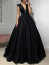 Ball Gown V-neck Glitter Sweep Train Prom Dresses With Sashes / Ribbons #UKM020114216