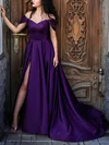 A-line Off-the-shoulder Satin Sweep Train Prom Dresses With Split Front #UKM020114219