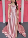 A-line Cowl Neck Silk-like Satin Sweep Train Prom Dresses With Split Front #UKM020114222